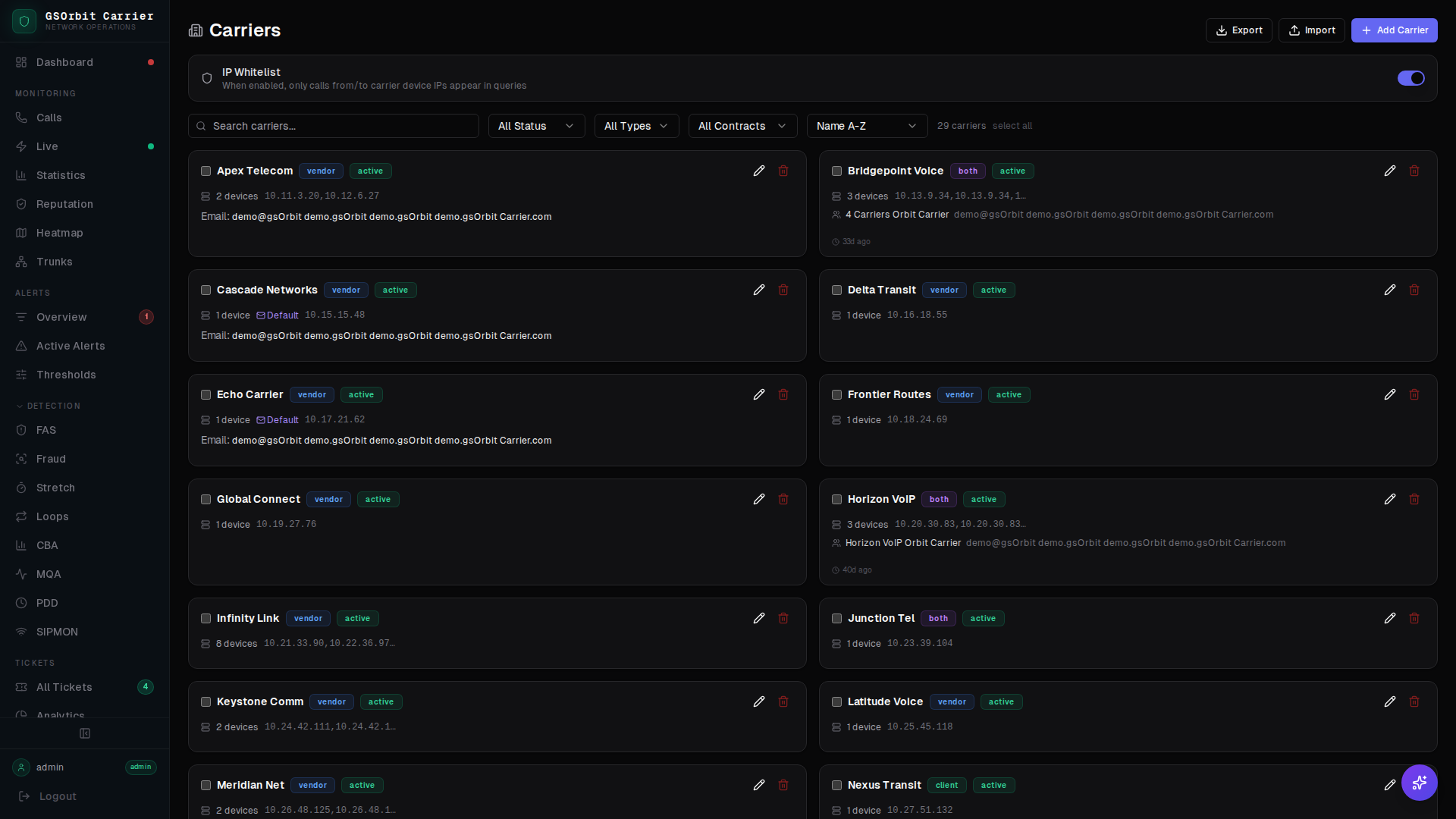 GSNOC carrier management profile