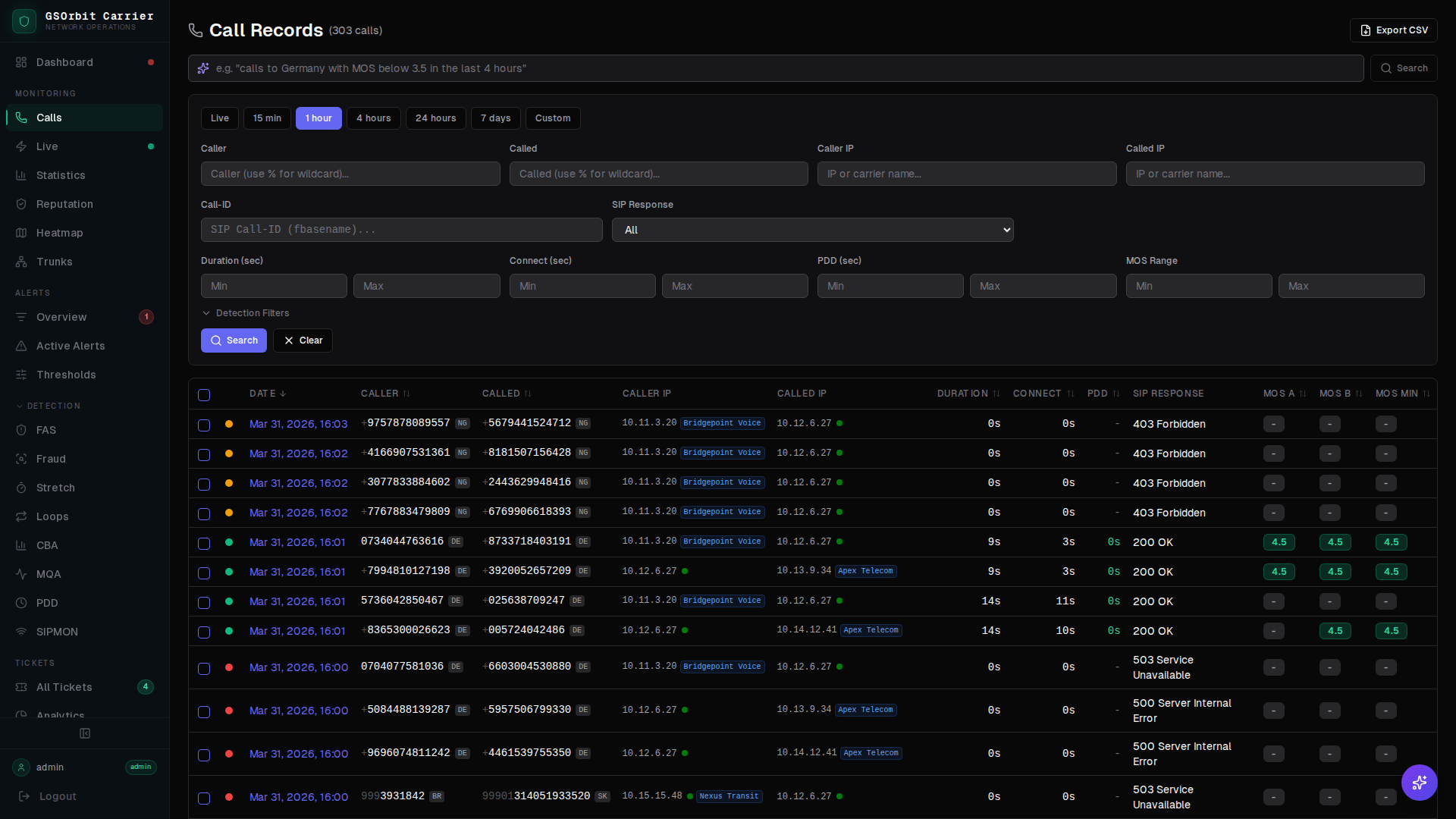 GSNOC CDR browser search interface