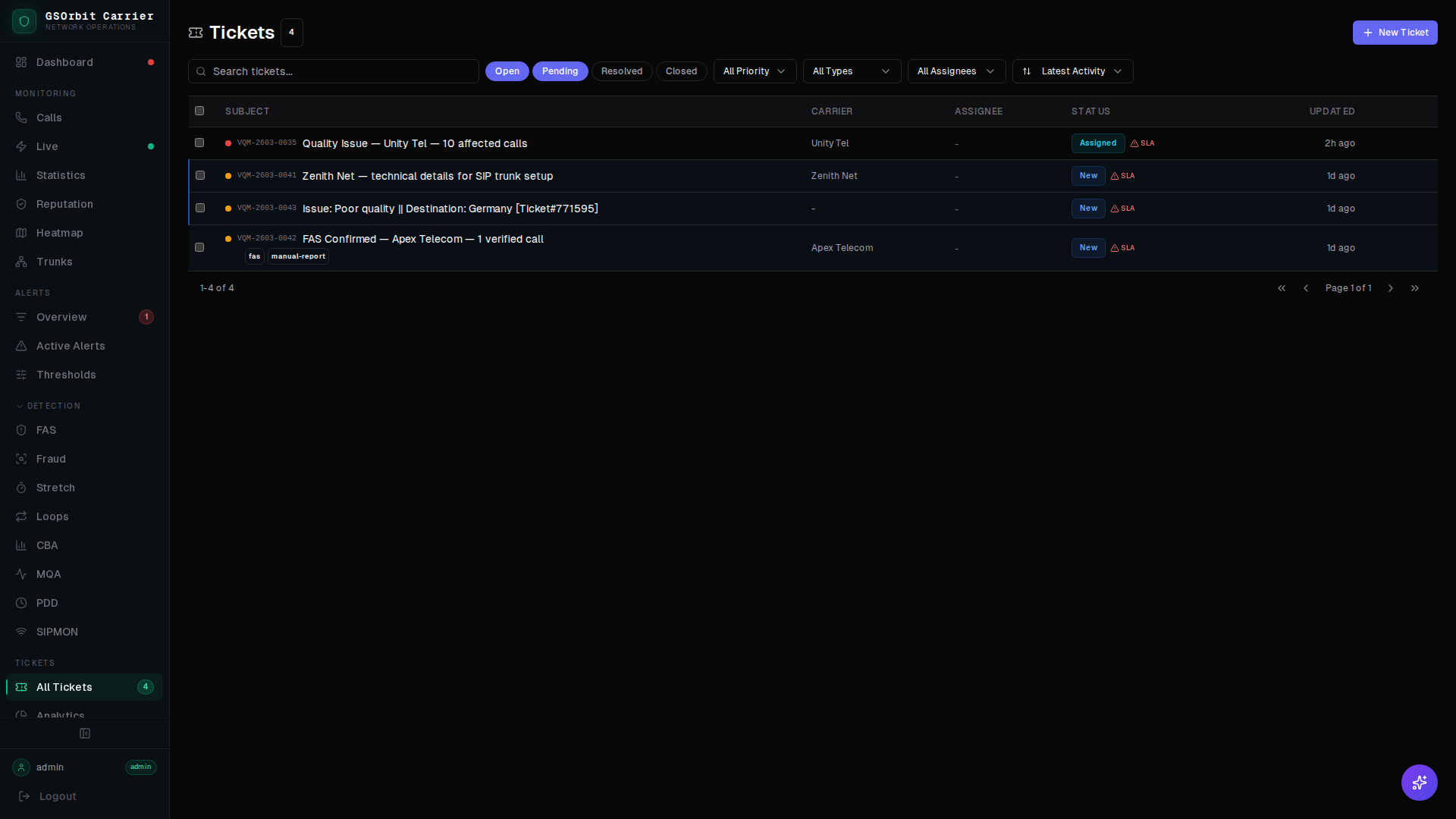 GSNOC carrier ticketing interface